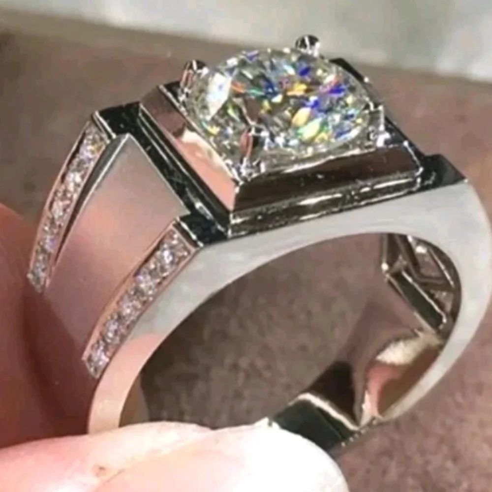 Men's Wedding Ring 14K White Gold Plated Round Cut Simulated Diamond Sz 9